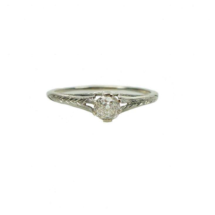 Simply Beautiful Engraved White Gold Vintage Solitaire