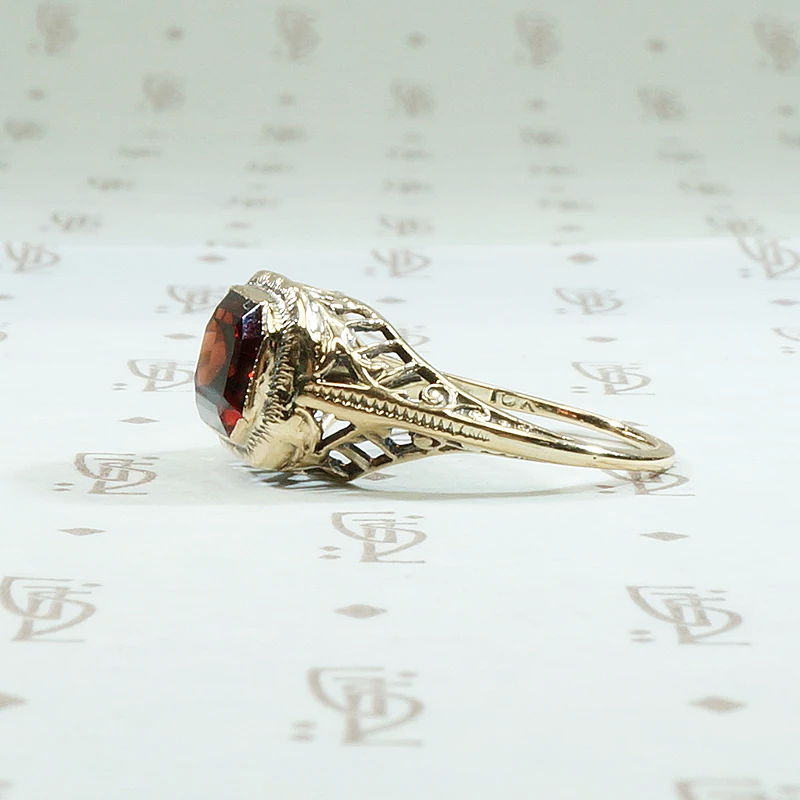 Emerald Cut Garnet in Art Deco Gold Ring