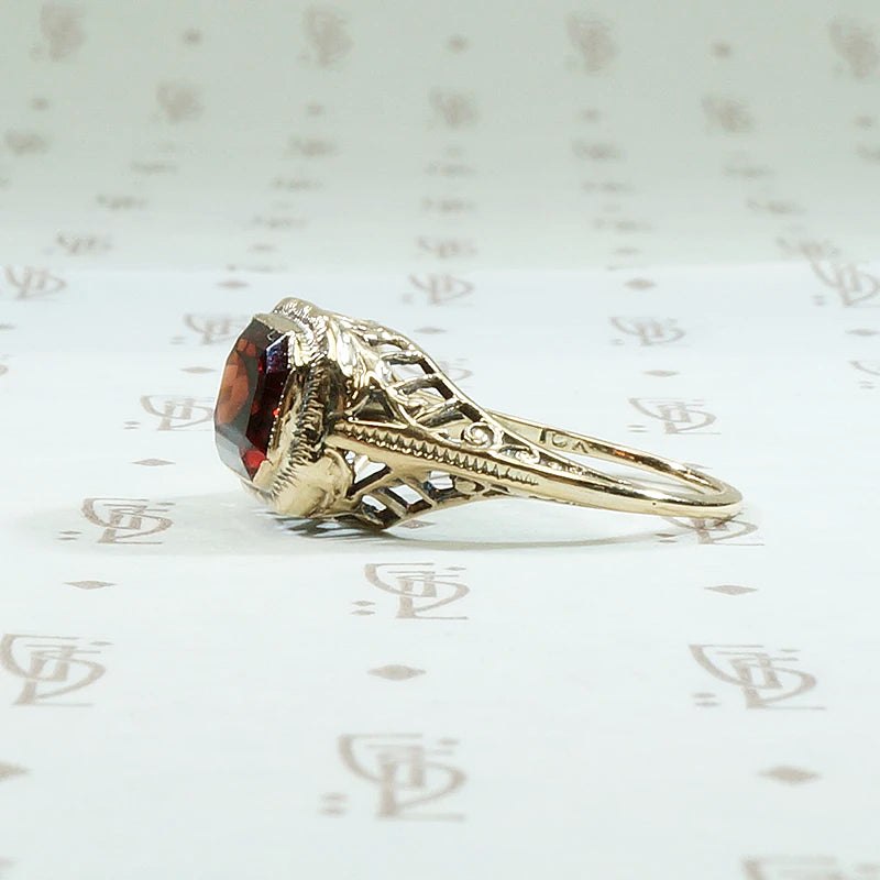 Emerald Cut Garnet in Art Deco Gold Ring