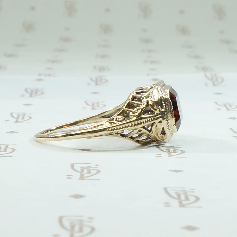 Emerald Cut Garnet in Art Deco Gold Ring