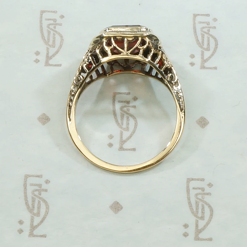 Emerald Cut Garnet in Art Deco Gold Ring