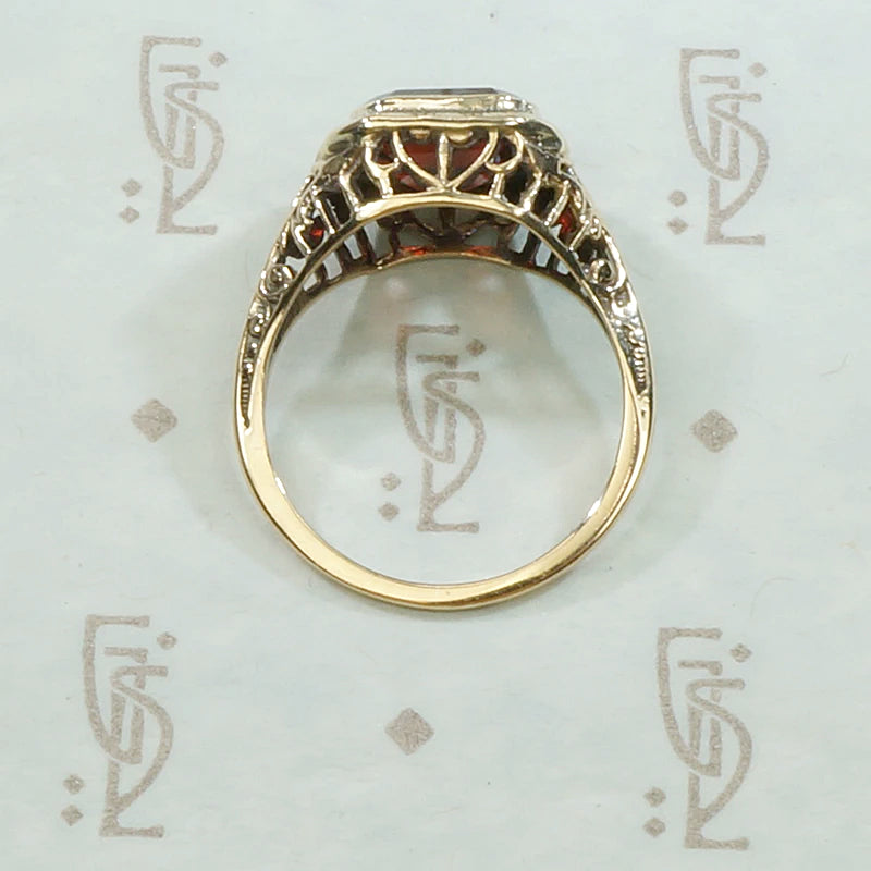 Emerald Cut Garnet in Art Deco Gold Ring