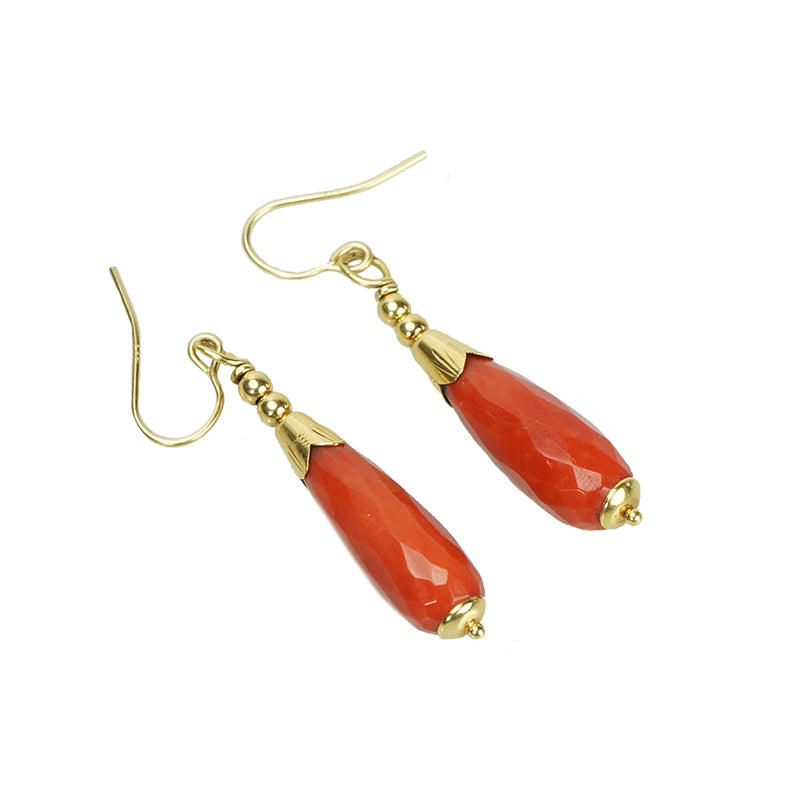 Vintage Faceted Red Coral Drop Earrings in 18k Gold - Gem Set Love