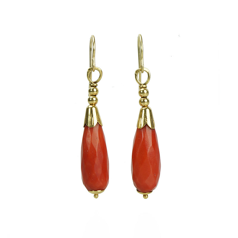 Vintage Faceted Red Coral Drop Earrings in 18k Gold - Gem Set Love