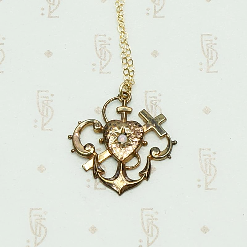Faith Hope & Charity Victorian Gold Filled Necklace, detail view.