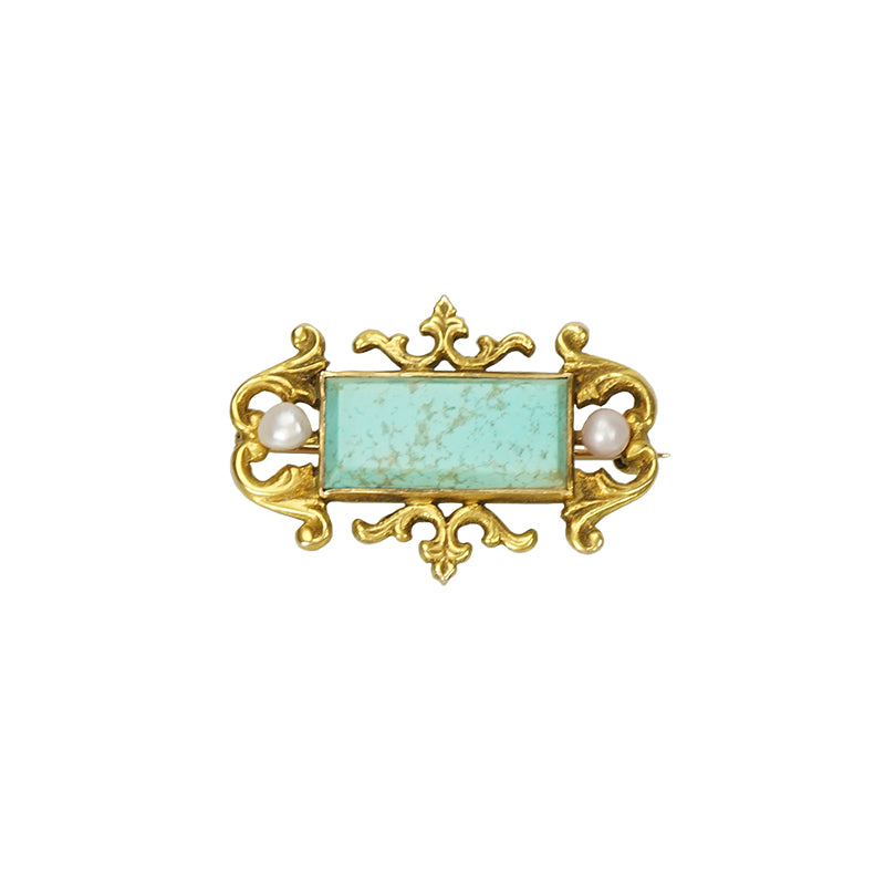 Gold Brooch set with Pate de Verre and Pearls - Gem Set Love