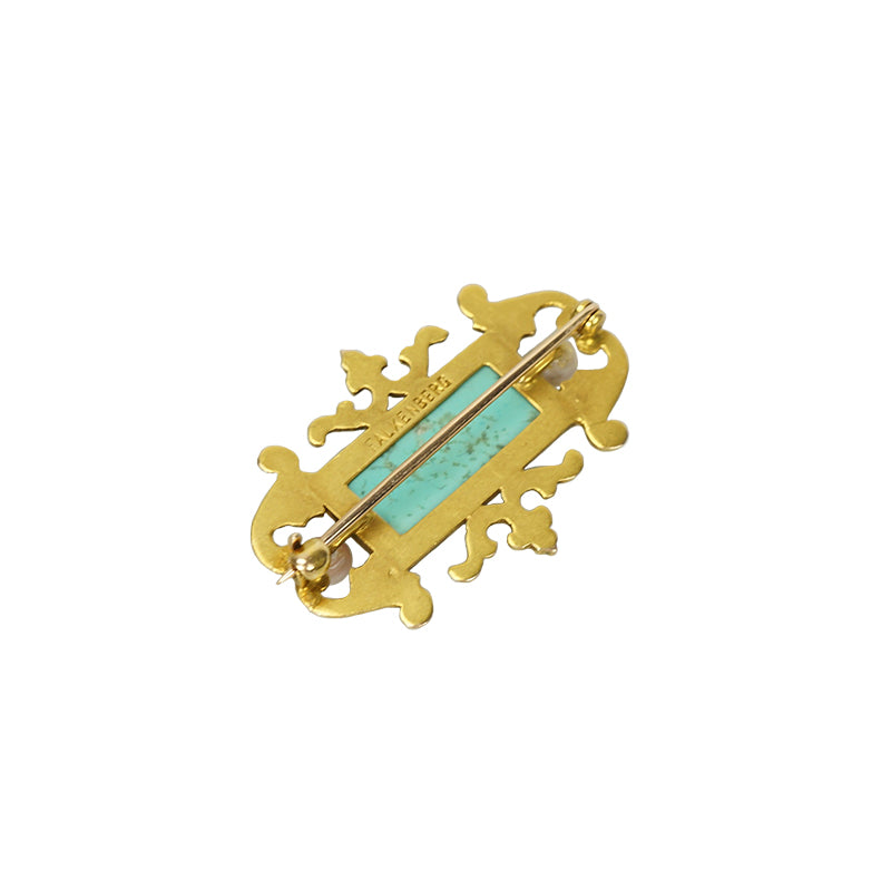 Gold Brooch set with Pate de Verre and Pearls - Gem Set Love