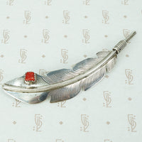 sterling feather brooch with coral