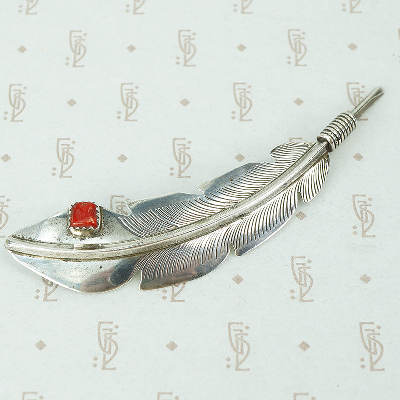 sterling feather brooch with coral