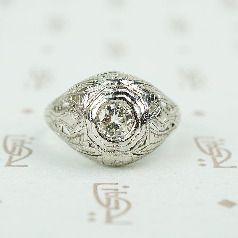 deco platinum filigree diamond set dome ring