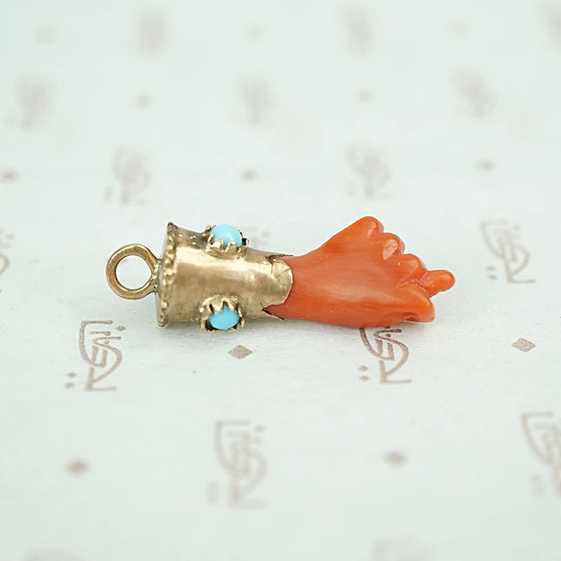 Carved Coral Figa in Gold and Turquoise Cuff