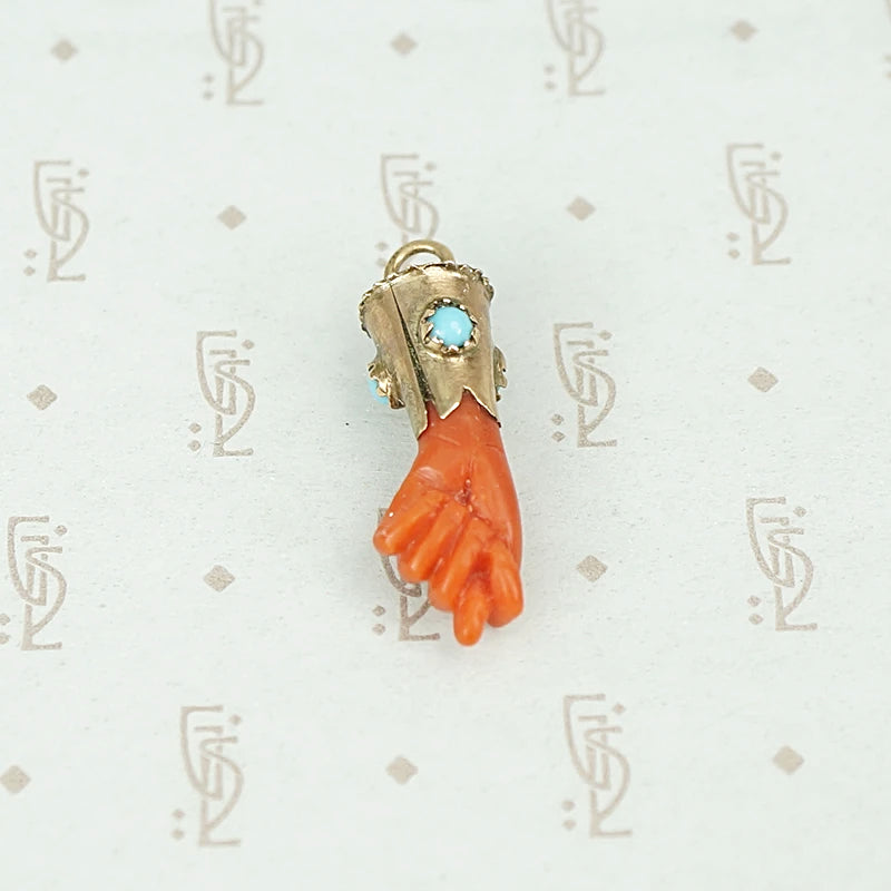 Carved Coral Figa in Gold and Turquoise Cuff