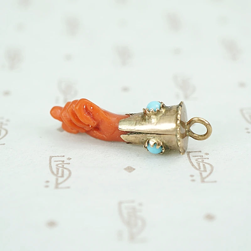 Carved Coral Figa in Gold and Turquoise Cuff