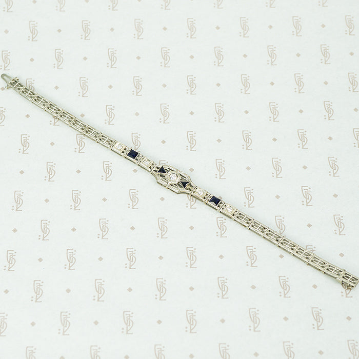 diamond and lab grown sapphire 18k white gold filigree bracelet circa 1920
