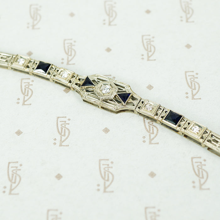 Lovely White Gold Filigree 1920's Diamond and Sapphire Bracelet