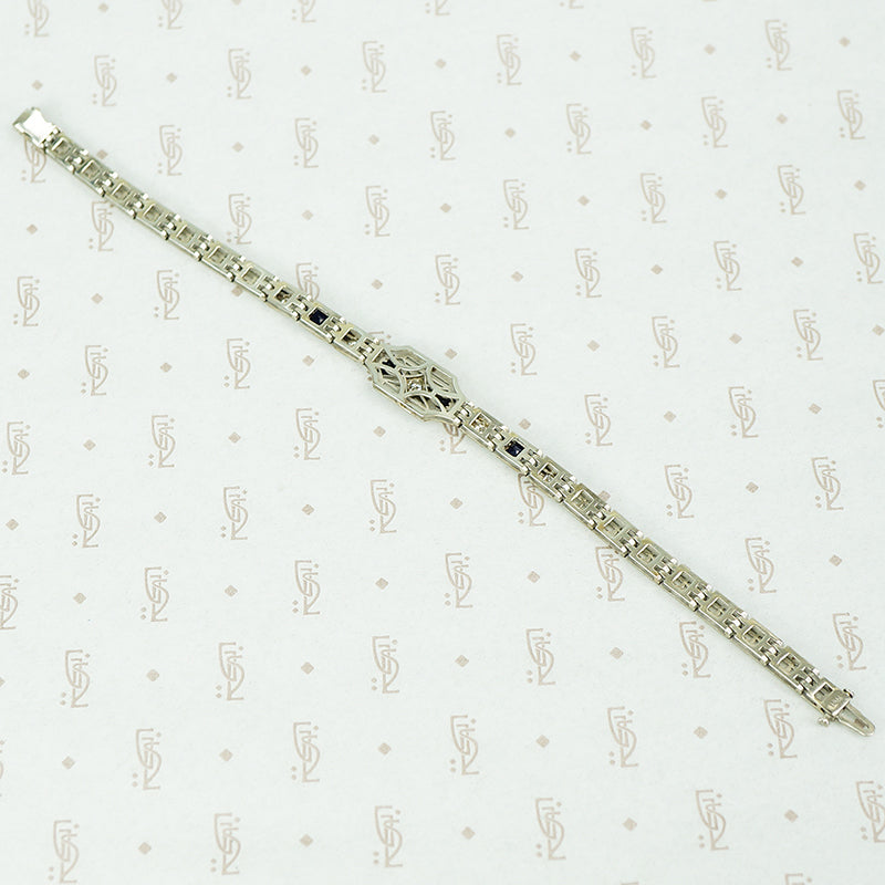 Lovely White Gold Filigree 1920's Diamond and Sapphire Bracelet