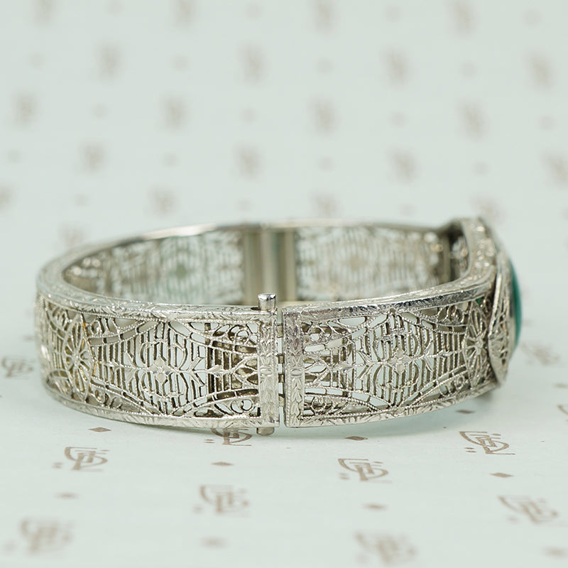 chrome art deco filigree hinged bangle bracelet with green agate
