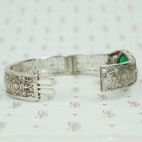 chrome art deco filigree hinged bangle bracelet with green agate open clasp