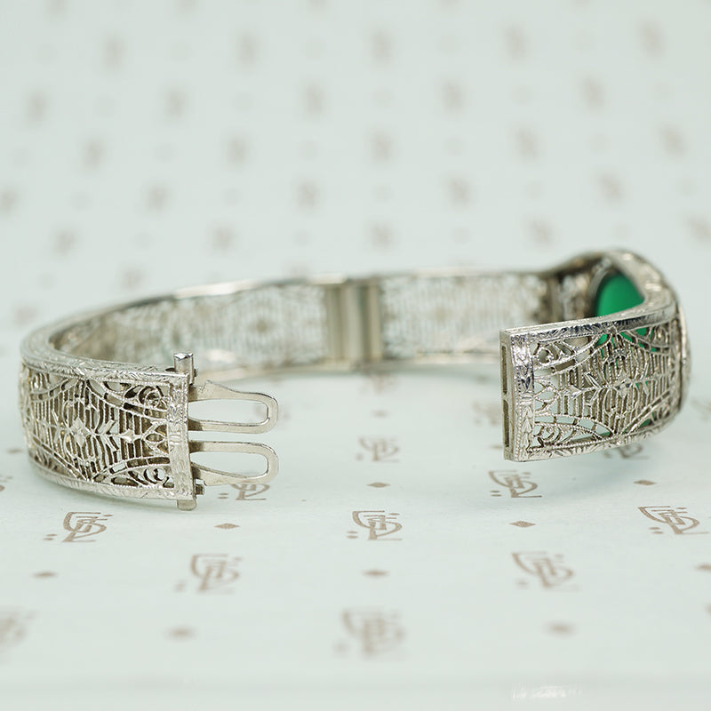 chrome art deco filigree hinged bangle bracelet with green agate open clasp