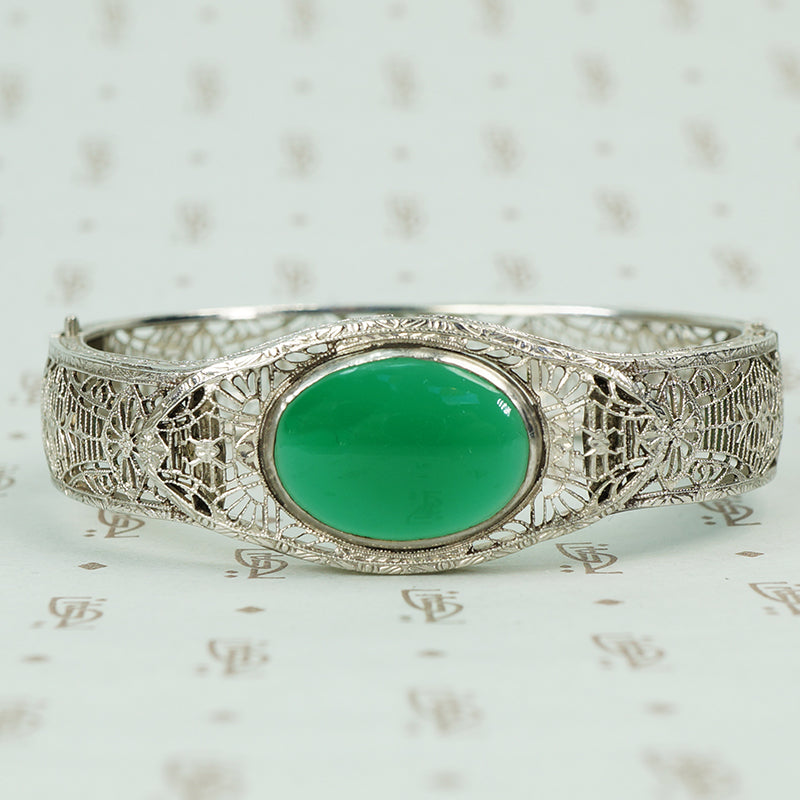 chrome art deco filigree hinged bangle bracelet with green agate