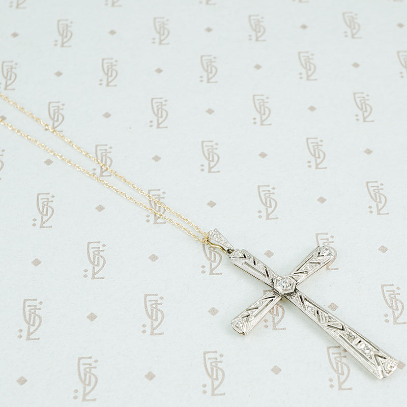 platinum on gold filigree rose cut diamond cross