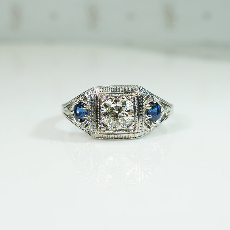 Deco Diamond and Sapphire Filigree Ring