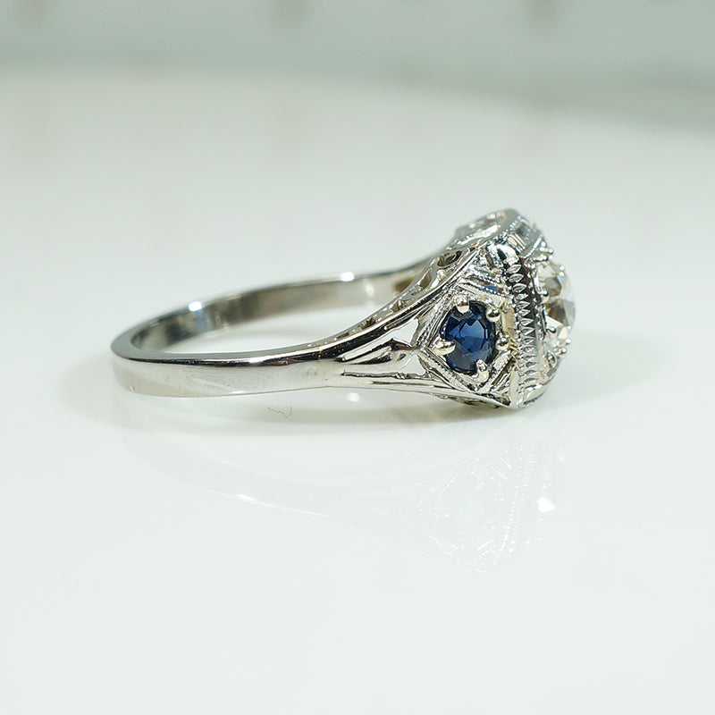 Deco Diamond and Sapphire Filigree Ring