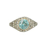 vintage 20s white gold filigree with round faceted natural blue zircon alternative engagement ring