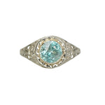 vintage 20s white gold filigree with round faceted natural blue zircon alternative engagement ring