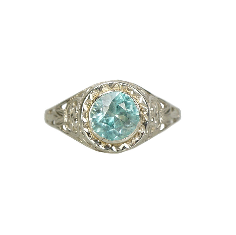 vintage 20s white gold filigree with round faceted natural blue zircon alternative engagement ring