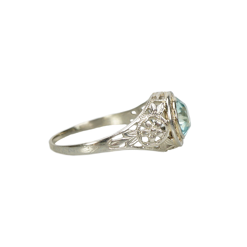 vintage 20s white gold filigree natural blue zircon alternative engagement ring