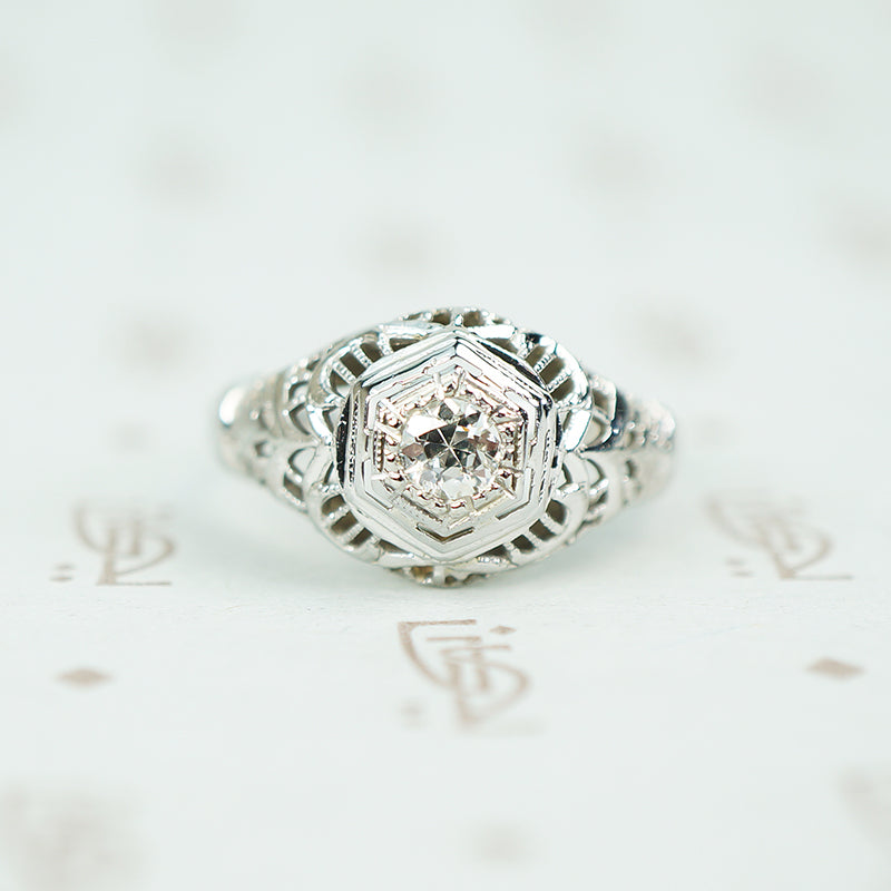 1920's white gold filigree diamond ring 