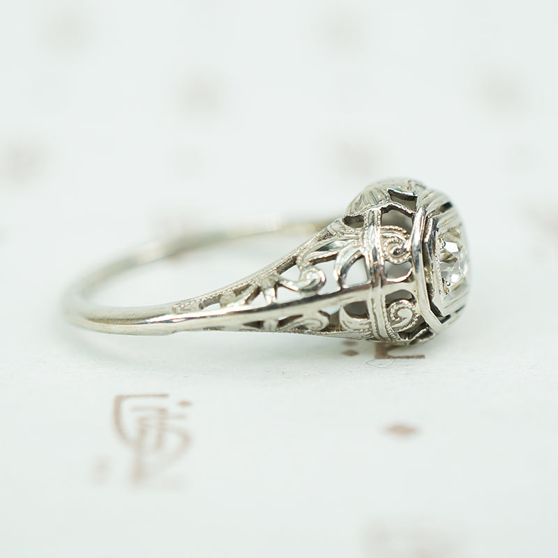 Vintage 1920's White Gold Filigree Diamond Engagement Ring
