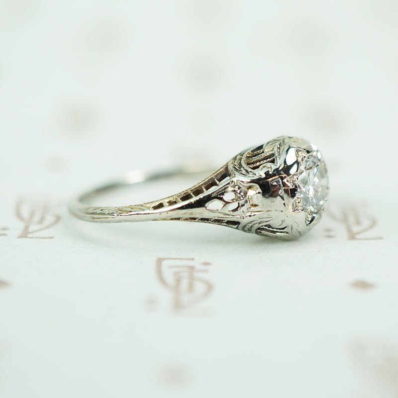 side view of vintage 1920's filigree engagement ring 