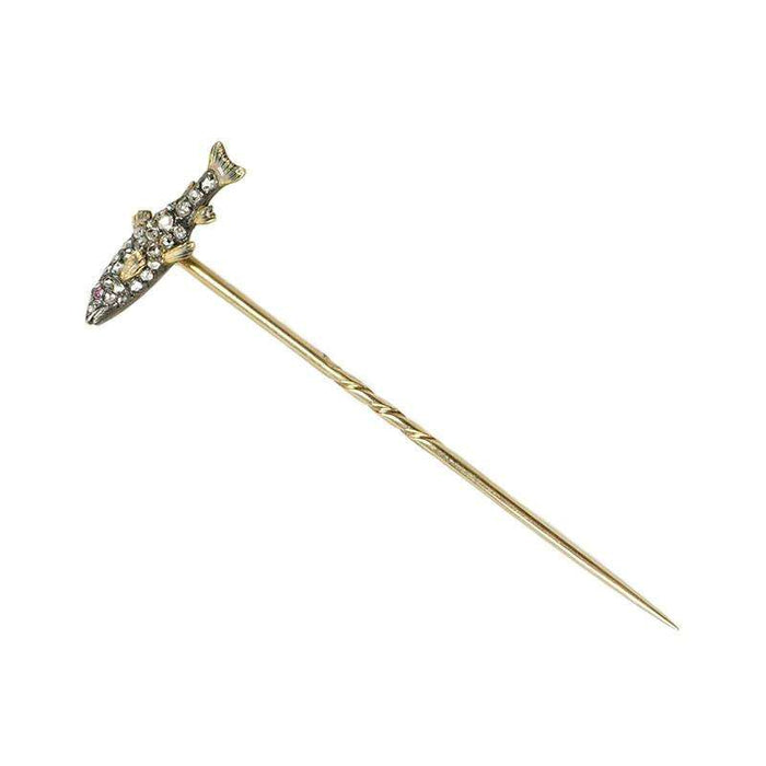 Antique Fish Stick Pin set with Rose Cut Diamonds