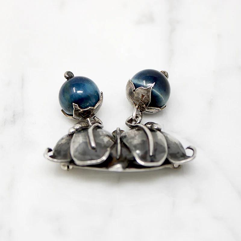 Blueberries Sterling & Blue Cat's Eye Brooch