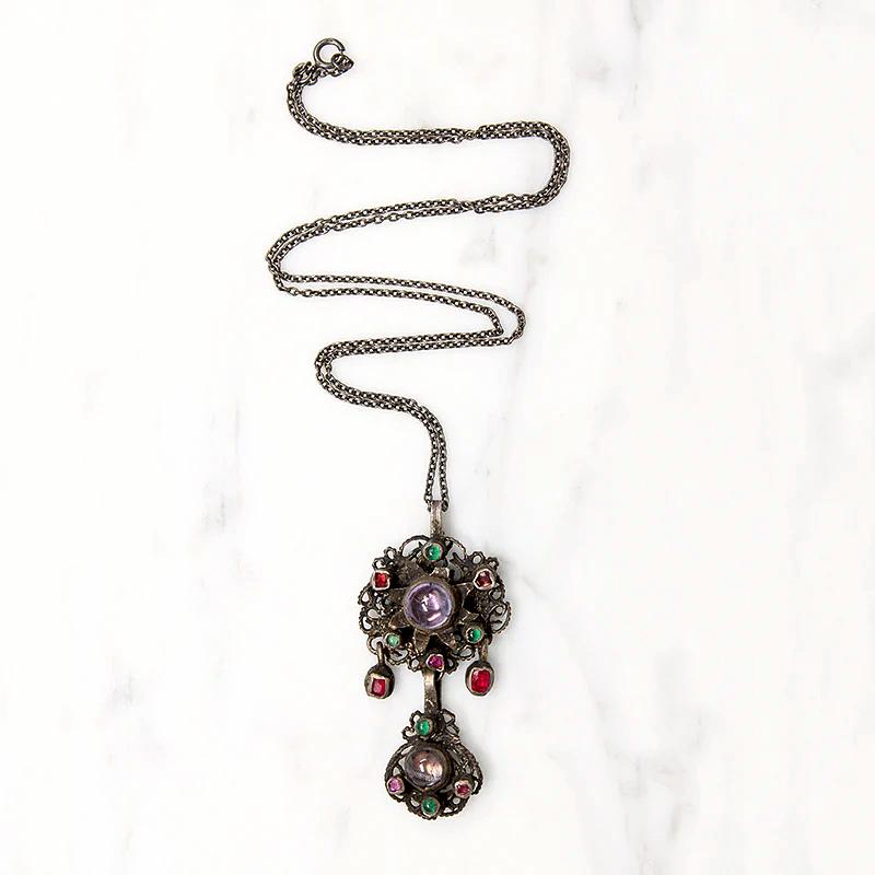 Early 1800s Gem Set Silver Filigree Austro-Hungarian Pendant