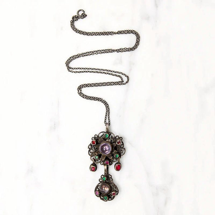 Early 1800s Gem Set Silver Filigree Austro-Hungarian Pendant