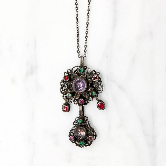Early 1800s Gem Set Silver Filigree Austro-Hungarian Pendant