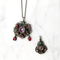 Early 1800s Gem Set Silver Filigree Austro-Hungarian Pendant