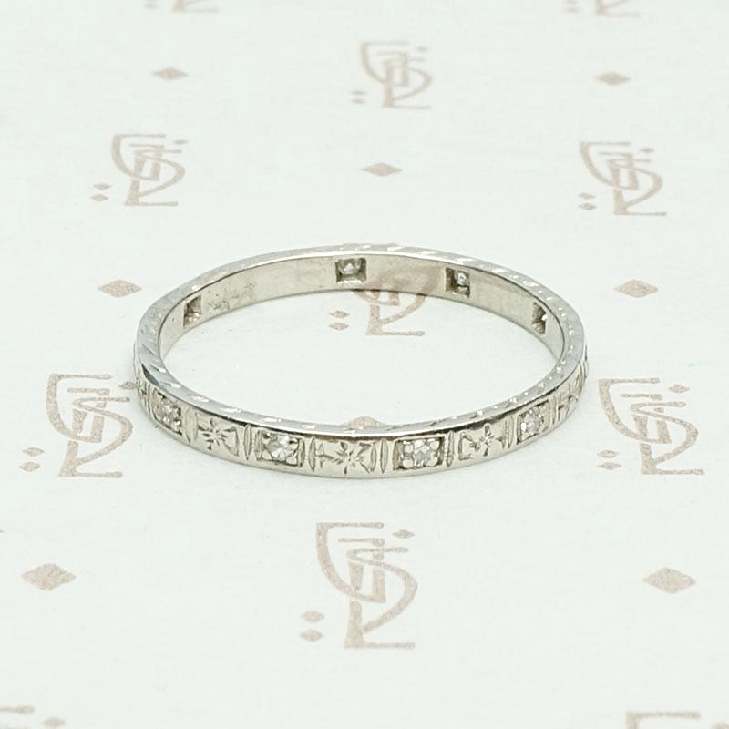 Richly Detailed Art Deco Diamond Wedding Band, side view.