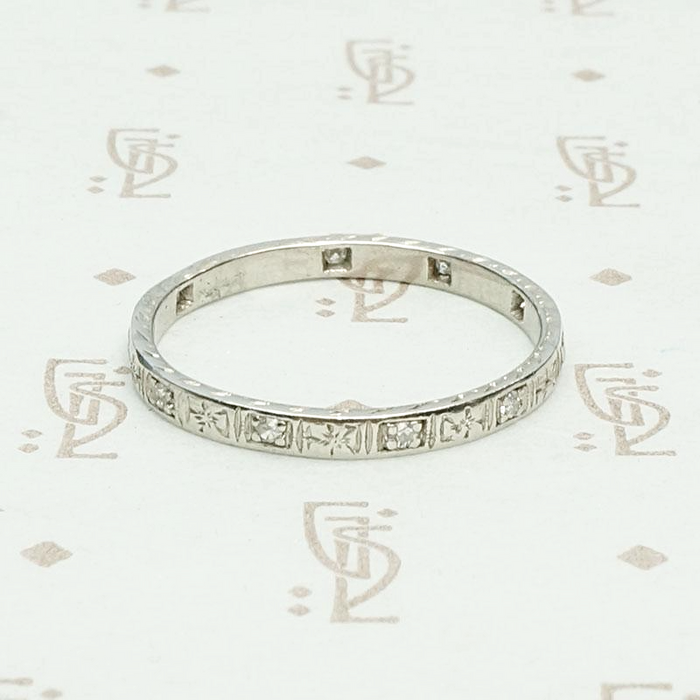 Richly Detailed Art Deco Diamond Wedding Band, side view.
