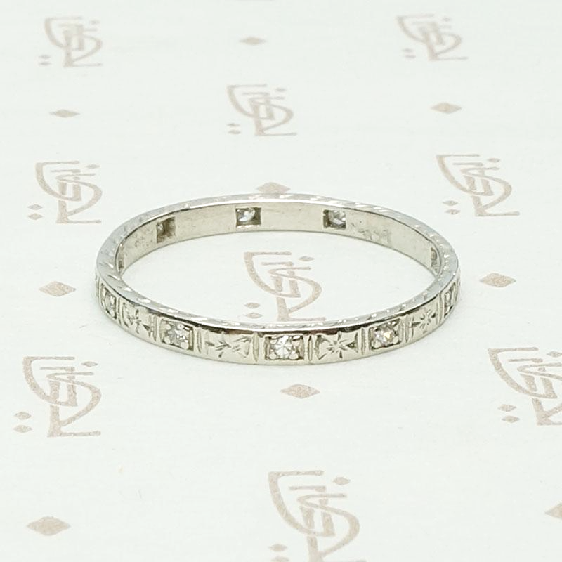 Richly Detailed Art Deco Diamond Wedding Band, other side view.