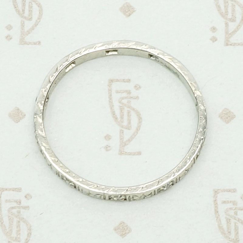 Richly Detailed Art Deco Diamond Wedding Band, top view.