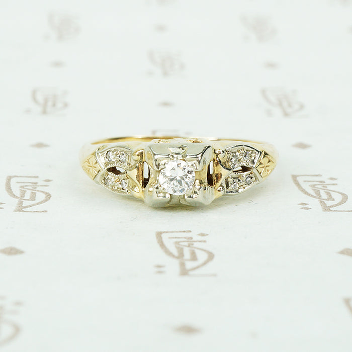 1930's diamond engagement ring with pave side detail 2 tone gold