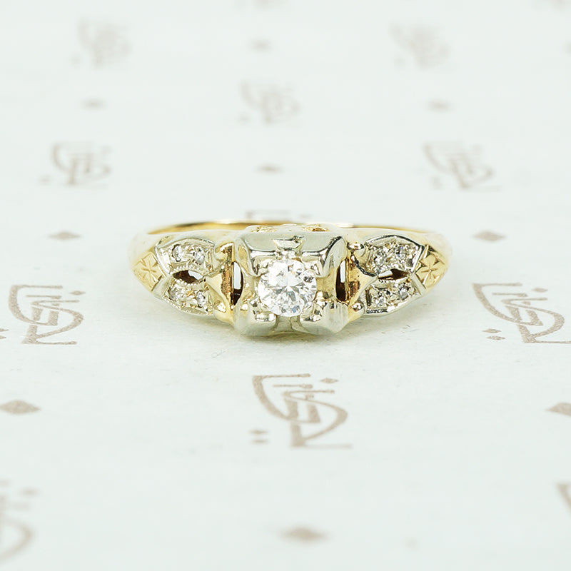 1930's diamond engagement ring with pave side detail 2 tone gold