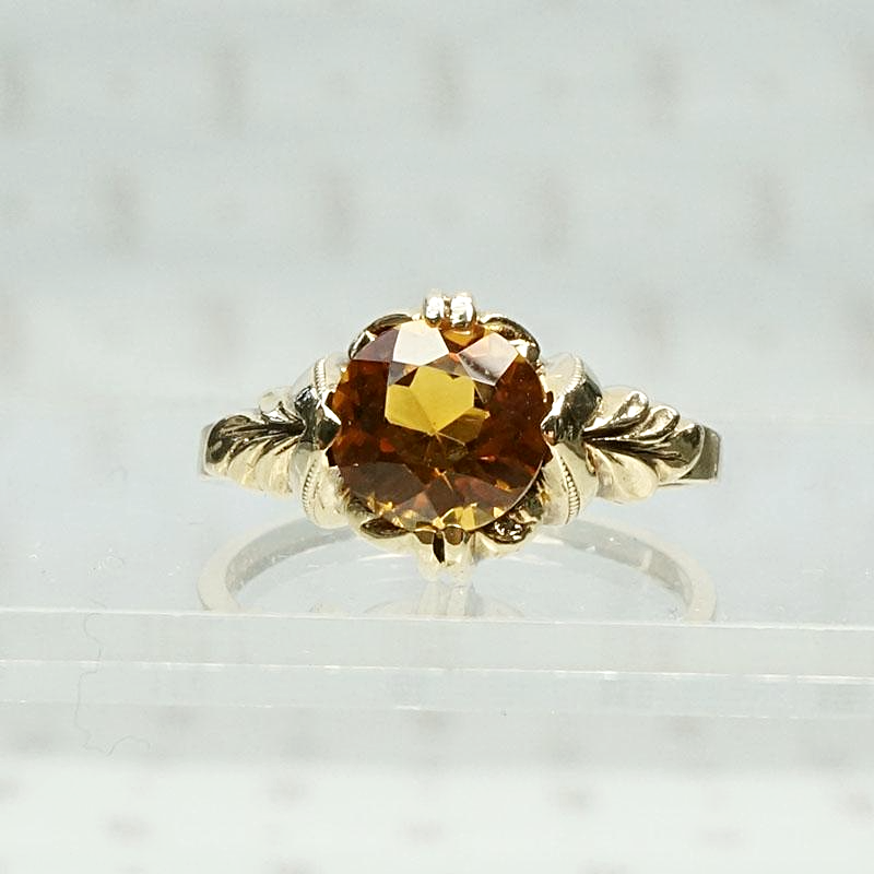 Golden Citrine Solitaire in Feathered Gold Setting