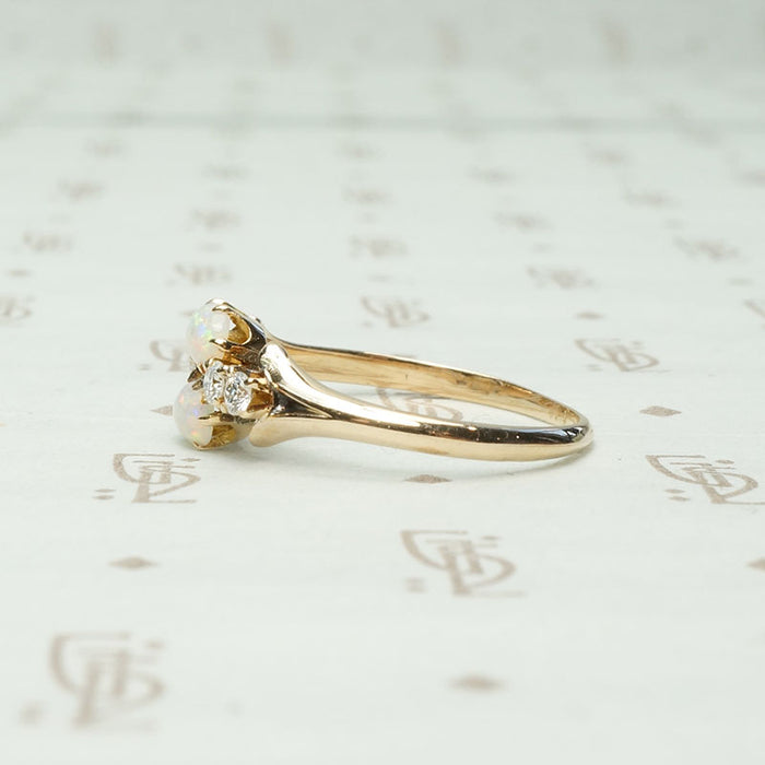 Double Opal & Diamond Vintage Ring in Gold, side view