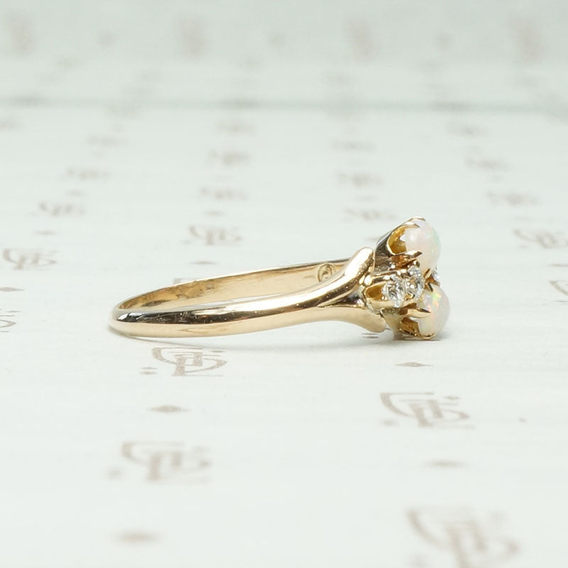 Double Opal & Diamond Vintage Ring in Gold, side view