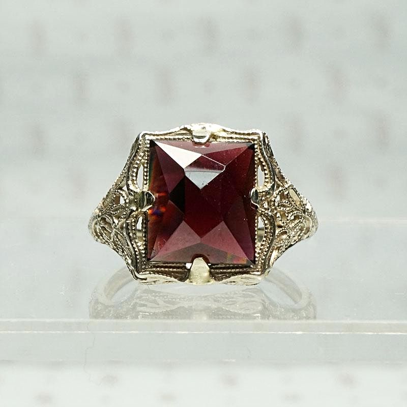 Wine Dark Garnet Ring in Art Deco Filigree